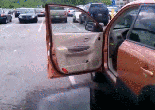 Girl Tries to Jump Over Puddle into Car. Fails.